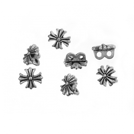Picture of Zinc Based Alloy Spacer Beads Two Hole Flower Antique Silver 9mm( 3/8") x 8mm( 3/8"), Hole: Approx 1.7mm, 200 PCs