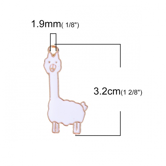 Picture of Zinc Based Alloy Pendants Alpaca Animal Gold Plated White Enamel 32mm(1 2/8") x 14mm( 4/8"), 10 PCs