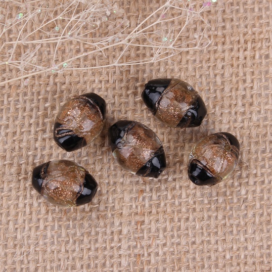 Image de Perles en Verre Ovale Noir Brillant 16mm x 11mm, Taille de Trou: 1.7mm, 10 Pcs