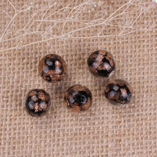Picture of Lampwork Glass Beads Round Black Glitter About 12mm Dia, Hole: Approx 2.2mm, 10 PCs