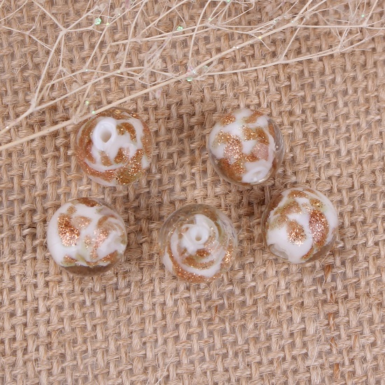 Picture of Lampwork Glass Beads Round White Glitter About 12mm Dia, Hole: Approx 1.6mm, 10 PCs