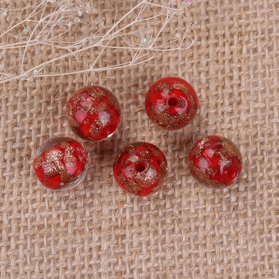 Picture of Lampwork Glass Beads Round Red Glitter About 12mm Dia, Hole: Approx 1.8mm, 10 PCs