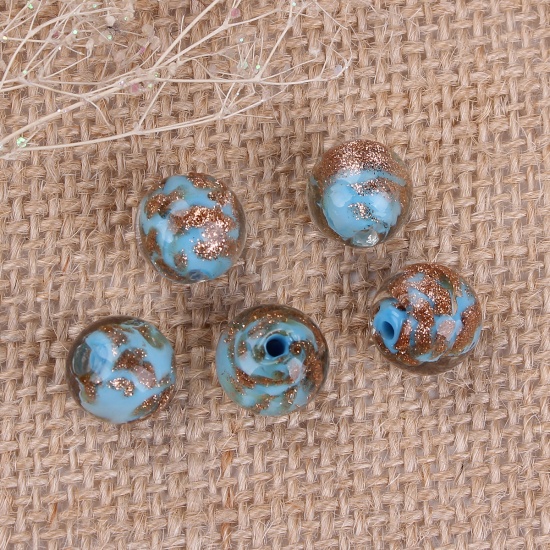 Picture of Lampwork Glass Beads Round Light Blue Glitter About 12mm Dia, Hole: Approx 2.3mm, 10 PCs