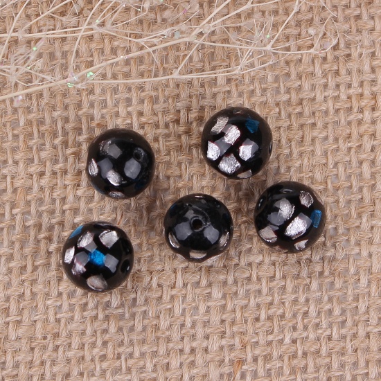Picture of Lampwork Glass Beads Round Blue Foil About 10mm Dia, Hole: Approx 1.1mm, 3 PCs