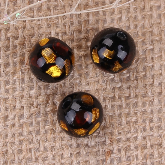 Picture of Lampwork Glass Beads Round Golden Foil About 10mm Dia, Hole: Approx 1.6mm, 3 PCs