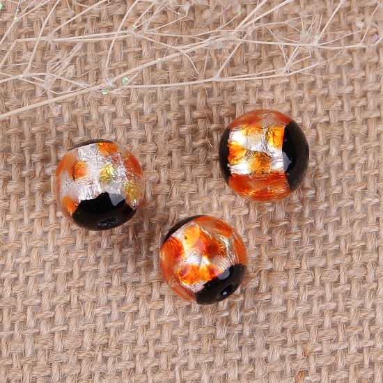 Picture of Lampwork Glass Beads Round Orange Foil About 12mm Dia, Hole: Approx 2mm, 3 PCs