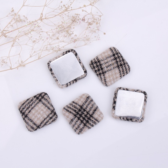 Picture of Zinc Based Alloy Embellishments Square Beige Grid Checker Fabric Covered 28mm(1 1/8") x 28mm(1 1/8"), 10 PCs