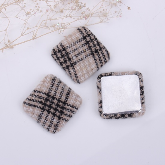 Picture of Zinc Based Alloy Embellishments Square Beige Grid Checker Fabric Covered 28mm(1 1/8") x 28mm(1 1/8"), 10 PCs