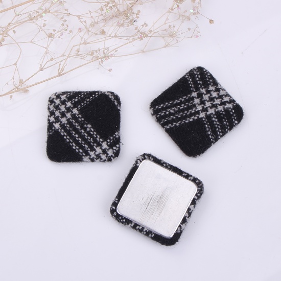 Picture of Zinc Based Alloy Embellishments Square Black Grid Checker Fabric Covered 28mm(1 1/8") x 28mm(1 1/8"), 10 PCs