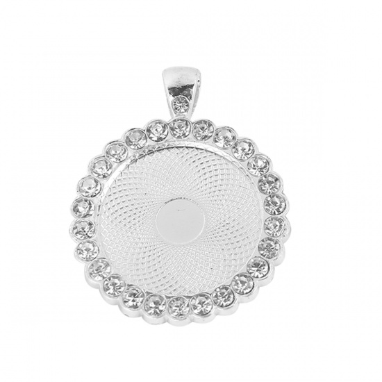 Picture of Zinc Based Alloy Pendants Round Silver Plated Cabochon Settings (Fits 24mm - 25mm Dia.) Clear Rhinestone 43mm x 34mm, 3 PCs