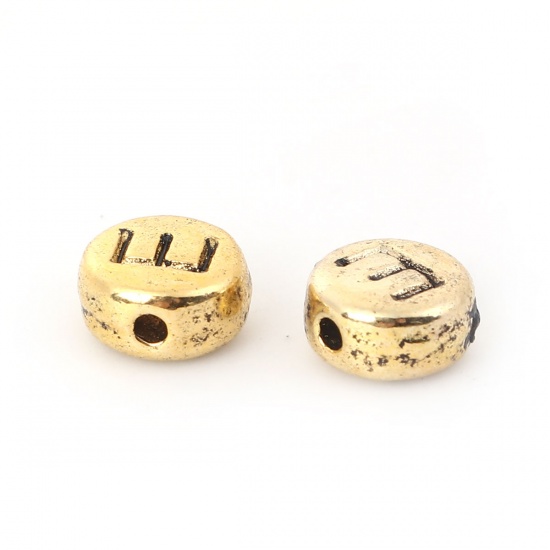 Image de Perles en Alliage de Zinc Rond Or Vieilli Initial Alphabet/ Lettre Gravé " E " 7mm Dia, Taille de Trou: 0.7mm, 50 Pcs
