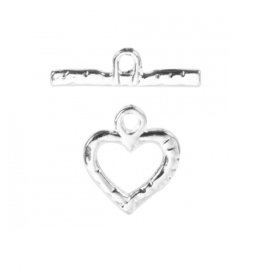 Picture of Zinc Based Alloy Toggle Clasps Heart Silver Plated 28mm x 24mm 34mm x 9mm, 10 Sets