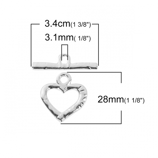 Picture of Zinc Based Alloy Toggle Clasps Heart Silver Plated 28mm x 24mm 34mm x 9mm, 10 Sets
