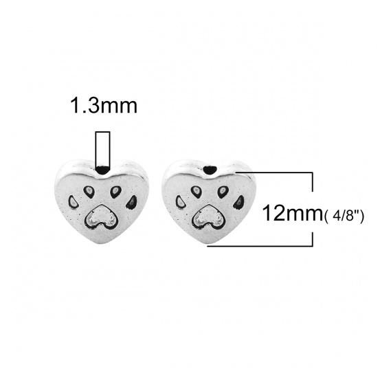 Picture of Zinc Based Alloy Spacer Beads Heart Antique Silver Bear Paw Print 12mm x 11mm, Hole: Approx 1.3mm, 50 PCs