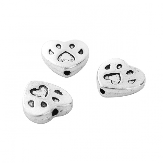 Picture of Zinc Based Alloy Spacer Beads Heart Antique Silver Color Bear Paw Print 12mm x 11mm, Hole: Approx 1.3mm, 50 PCs