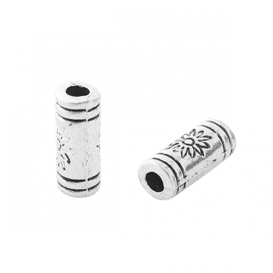 Picture of Zinc Based Alloy Spacer Beads Cylinder Antique Silver Color Flower 10mm x 4mm, Hole: Approx 1.7mm, 100 PCs