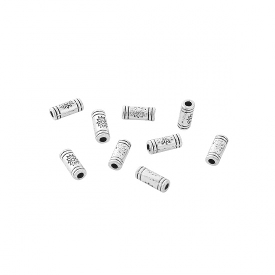 Picture of Zinc Based Alloy Spacer Beads Cylinder Antique Silver Color Flower 10mm x 4mm, Hole: Approx 1.7mm, 100 PCs