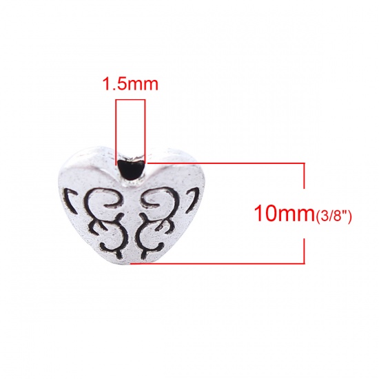 Picture of Zinc Based Alloy Spacer Beads Heart Antique Silver Carved 10mm x 10mm, Hole: Approx 1.5mm, 50 PCs
