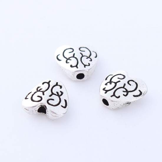 Picture of Zinc Based Alloy Spacer Beads Heart Antique Silver Carved 10mm x 10mm, Hole: Approx 1.5mm, 50 PCs