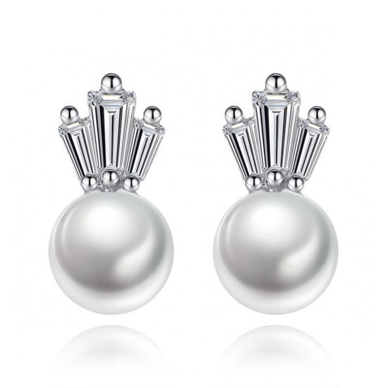Picture of ABS Ear Post Stud Earrings Silver Tone White Crown Clear Rhinestone Imitation Pearl 15mm( 5/8") x 8mm( 3/8"), Post/ Wire Size: (21 gauge), 1 Pair