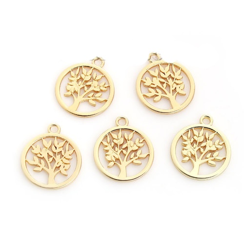 Picture of Zinc Based Alloy Charms Round Gold Plated Tree 20mm( 6/8") x 17mm( 5/8"), 10 PCs