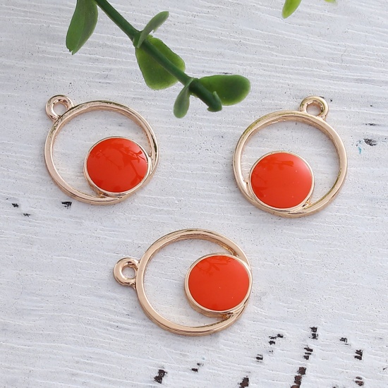Picture of Zinc Based Alloy Charms Geometric Gold Plated Orange-red Round Enamel 20mm( 6/8") x 16mm( 5/8"), 10 PCs