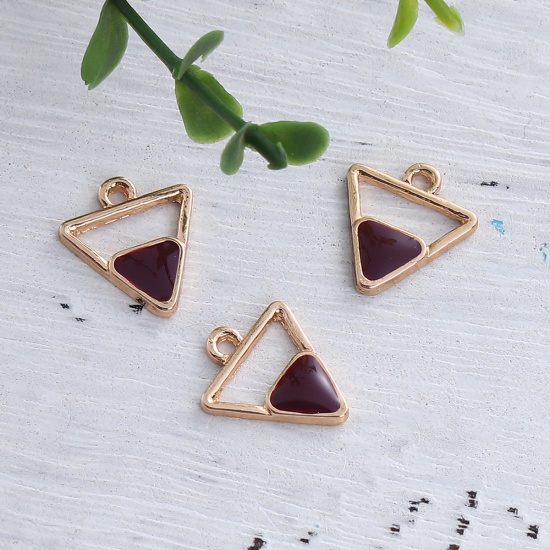 Picture of Zinc Based Alloy Charms Geometric Gold Plated Deep Red Triangle Enamel 17mm( 5/8") x 15mm( 5/8"), 10 PCs