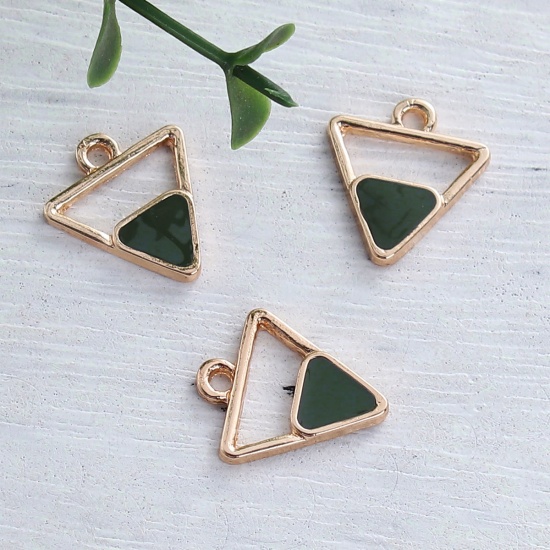 Picture of Zinc Based Alloy Charms Geometric Gold Plated Dark Green Triangle Enamel 17mm( 5/8") x 15mm( 5/8"), 10 PCs