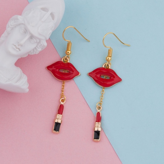 Picture of Makeup Earrings Gold Plated Red Lipstick Lip Enamel 60mm(2 3/8") x 19mm( 6/8"), Post/ Wire Size: (22 gauge), 1 Pair