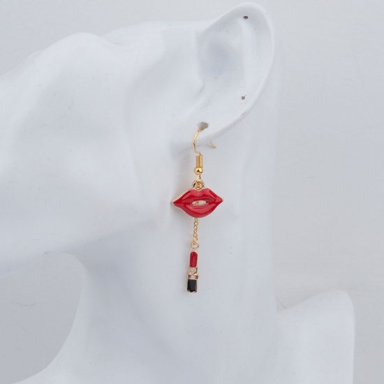 Picture of Makeup Earrings Gold Plated Red Lipstick Lip Enamel 60mm(2 3/8") x 19mm( 6/8"), Post/ Wire Size: (22 gauge), 1 Pair