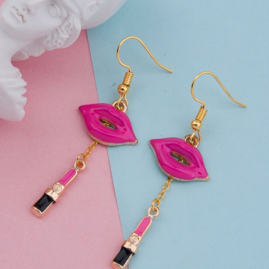 Picture of Makeup Earrings Gold Plated Fuchsia Lipstick Lip Enamel 58mm(2 2/8") x 19mm( 6/8"), Post/ Wire Size: (22 gauge), 1 Pair