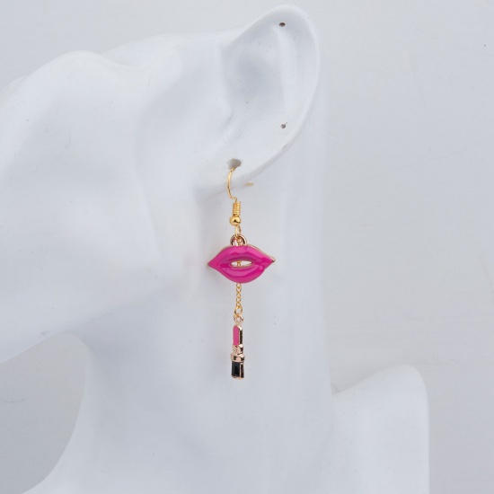 Picture of Makeup Earrings Gold Plated Fuchsia Lipstick Lip Enamel 58mm(2 2/8") x 19mm( 6/8"), Post/ Wire Size: (22 gauge), 1 Pair