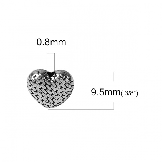 Bild von Zinklegierung Zwischenperlen Spacer Perlen Herz Antiksilber 9.5mm x 8.6mm, Loch:ca. 0.8mm, 100 Stück