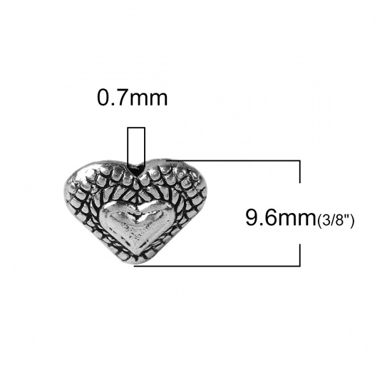 Изображение Цинковый Сплав Бусины Сердце Античное Серебро 11.6мм x 9.6мм, Отверстие:примерно 0.7мм, 60 ШТ