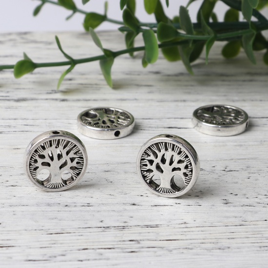 Picture of Zinc Based Alloy Spacer Beads Round Antique Silver Color Tree About 17.6mm Dia, Hole: Approx 1.5mm, 20 PCs
