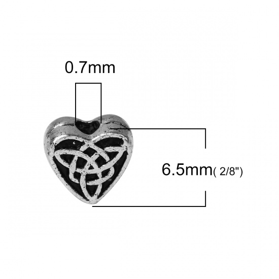 Bild von Zinklegierung Zwischenperlen Spacer Perlen Herz Antiksilber Keltisch Knoten 6.5mm x 6.1mm, Loch:ca. 0.7mm, 200 Stück