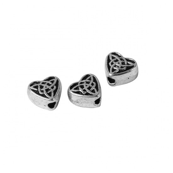 Picture of Zinc Based Alloy Spacer Beads Heart Antique Silver Color Celtic Knot 6.5mm x 6.1mm, Hole: Approx 0.7mm, 200 PCs