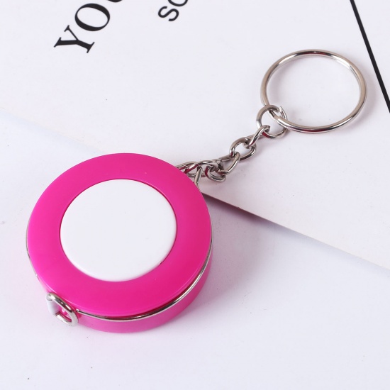 Picture of ABS Keychain & Keyring Tape Measures Fuchsia 10cm(3 7/8") x 4.3cm(1 6/8"), 2 PCs (Approx 1.5 M/Roll)