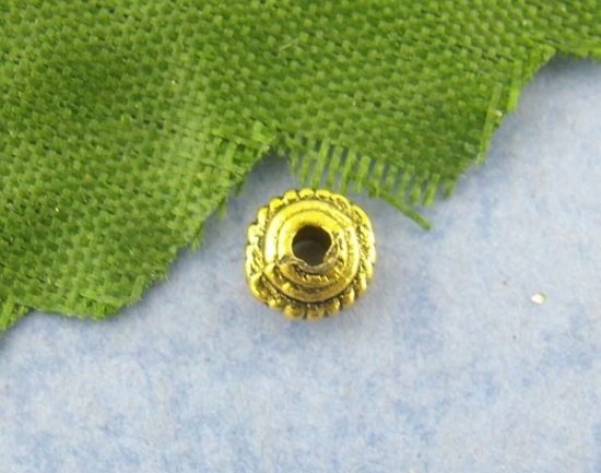 Immagine di Lega di Zinco Separatori Perline Piattino Volante Oro Antico Polka Dot Disegno Circa 5mm Dia, Foro:Circa 1.4mm, 250 Pz