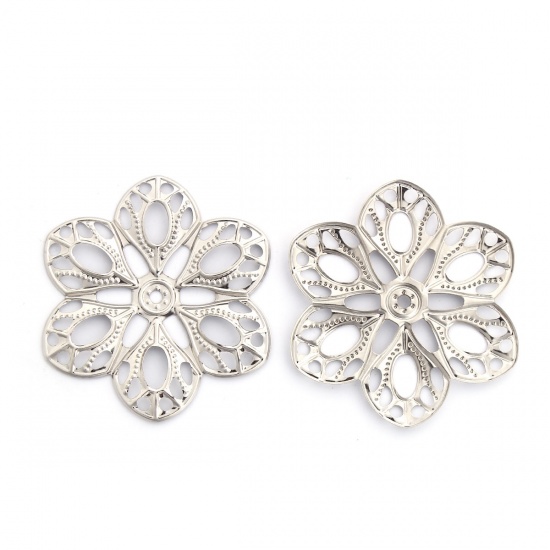 Picture of Iron Based Alloy Embellishments Flower Silver Tone Filigree 60mm(2 3/8") x 54mm(2 1/8"), 30 PCs