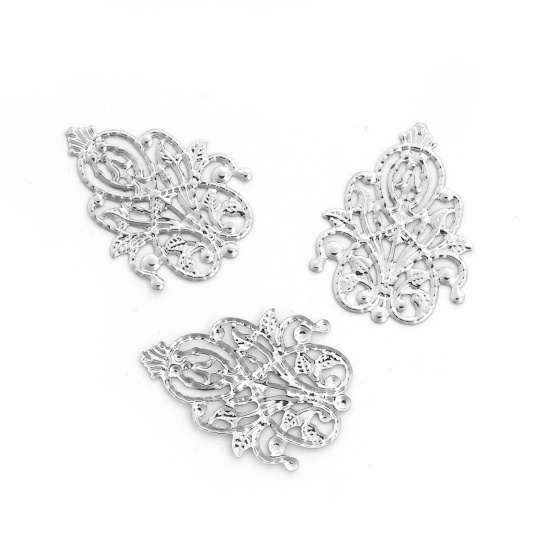 Picture of Iron Based Alloy Embellishments Flower Vine Silver Tone Filigree 35mm(1 3/8") x 26mm(1"), 100 PCs