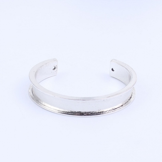 Picture of Zinc Based Alloy Channel Open Cuff Bangles Bracelets Oval Antique Silver Cabochon Settings (Fits 10mm Dia.) 17cm(6 6/8") long, 1 Piece