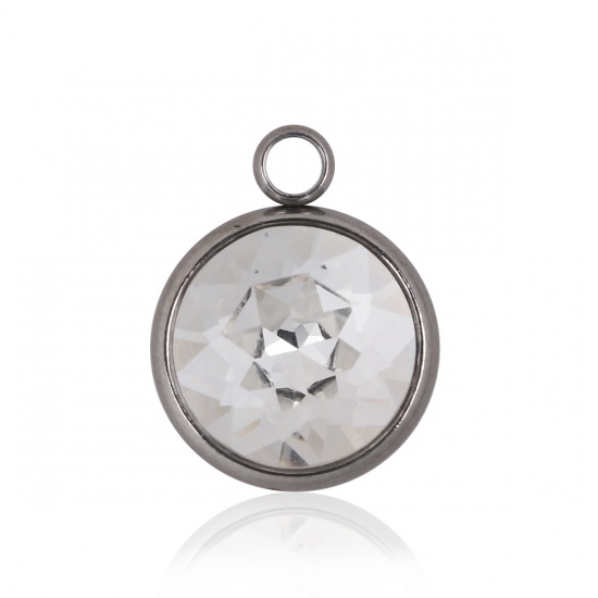 Immagine di 304 Acciaio Inossidabile Aprile Pietre Nascita Charms Tondo Tono Argento Sfaccettato Trasparente Vetro Strass 18mm x 14mm, 1 Pz