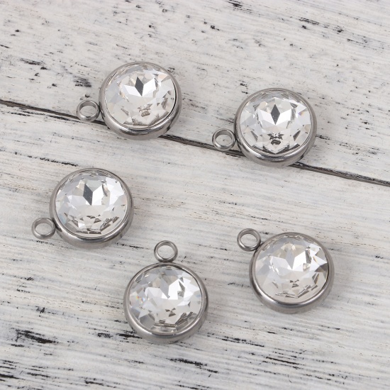 Immagine di 304 Acciaio Inossidabile Aprile Pietre Nascita Charms Tondo Tono Argento Sfaccettato Trasparente Vetro Strass 18mm x 14mm, 1 Pz
