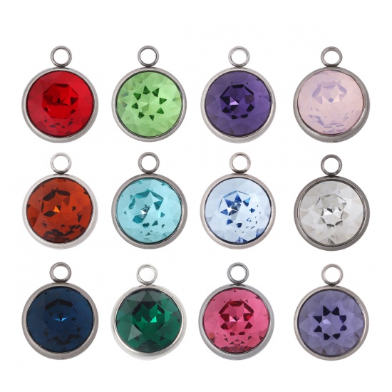 Immagine di 304 Acciaio Inossidabile Aprile Pietre Nascita Charms Tondo Tono Argento Sfaccettato Trasparente Vetro Strass 18mm x 14mm, 1 Pz