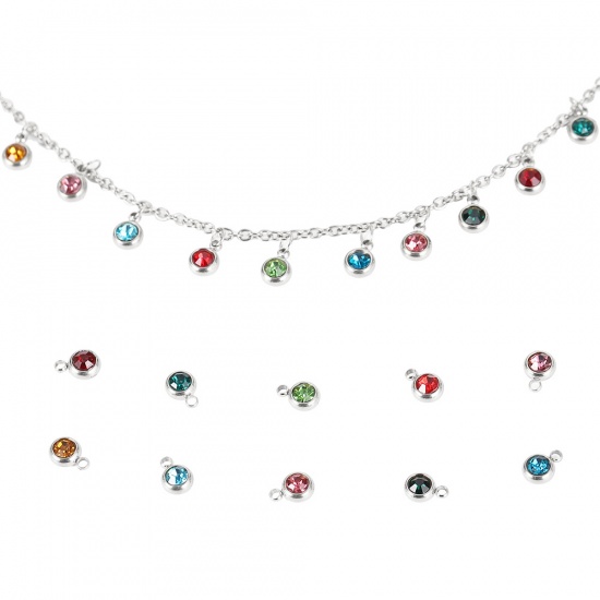 Immagine di 304 Acciaio Inossidabile Aprile Pietre Nascita Charms Tondo Tono Argento Sfaccettato Trasparente Vetro Strass 18mm x 14mm, 1 Pz