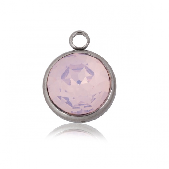Picture of 304 Stainless Steel October Birthstone Charms Round Silver Tone Faceted Pink Glass Rhinestone 18mm( 6/8") x 14mm( 4/8"), 1 Piece