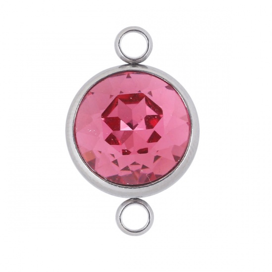 Picture of 304 Stainless Steel July Birthstone Connectors Round Silver Tone Faceted Fuchsia Glass Rhinestone 22mm( 7/8") x 14mm( 4/8"), 1 Piece