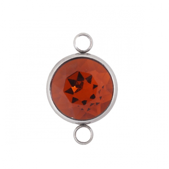 Picture of 304 Stainless Steel November Birthstone Connectors Round Silver Tone Faceted Orange-red Glass Rhinestone 22mm( 7/8") x 14mm( 4/8"), 1 Piece