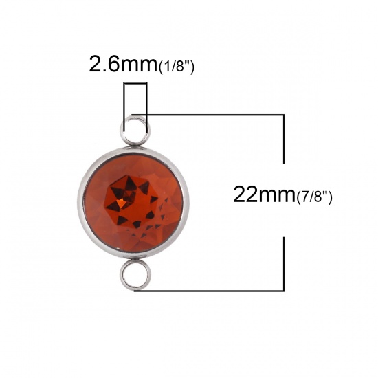 Picture of 304 Stainless Steel November Birthstone Connectors Round Silver Tone Faceted Orange-red Glass Rhinestone 22mm( 7/8") x 14mm( 4/8"), 1 Piece